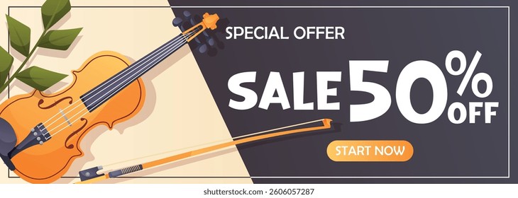 Elegant horizontal banner featuring violin and bow with green leaves, designed for musical promotions and seasonal discounts.
