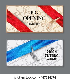 Elegant horizontal banners for grand opening ceremony with sparkling ribbons, scissors and floral design background. Vector illustration.