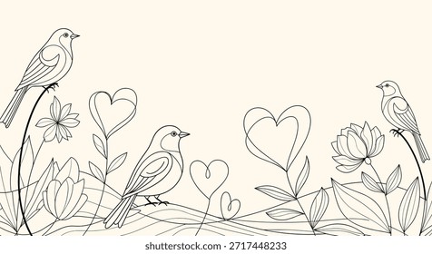 Elegant horizontal border featuring birds perched on flowers and heart shaped plants in a delicate black line art style on cream.