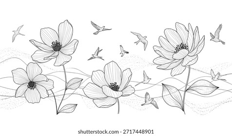 Elegante borde Horizontal con Grandes flores y pájaros voladores en un delicado estilo de arte de línea negra sobre un fondo blanco liso.