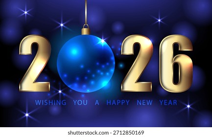 Elegant horizontal design featuring the year "2026" in shiny 3D metallic gold numbers. The '0' is replaced by a glowing blue bauble. Against a dark blue, sparkling background with a holiday greeting.