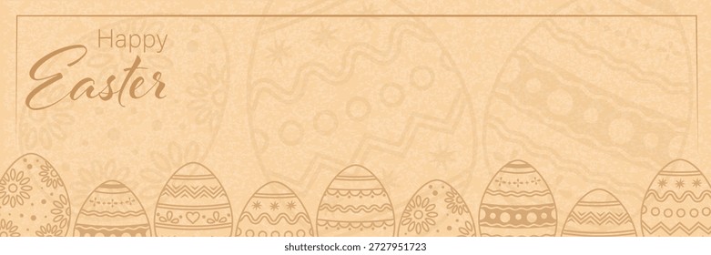 Elegante Anuncio Horizontal de Pascua con tipografía de guion, un marco delgado y huevos monocromáticos estampados sobre textura de papel kraft. Ideal para cabeceras de Web y redes sociales.