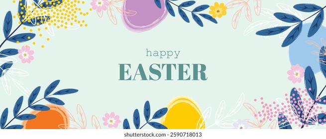 Elegant horizontal Easter banner with soft coloured floral elements and decorative eggs