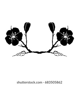 Elegant horizontal floral vignette with two blooming apricot boughs. Isolated black silhouette on white.