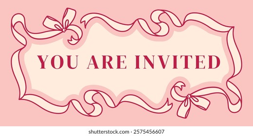 Elegant horizontal invitation design with a delicate pink ribbon frame and bows. Flirty girly aesthetic. Chic charming style. Wide 1:2 ratio layout for birthday greetings or banner with copy space