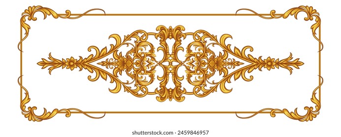 Elegant horizontal panel with golden scrolls and frame in Baroque style