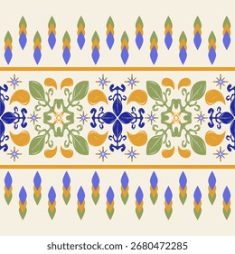 Elegant horizontal stripe pattern with symmetrical blue yellow floral motif green leaves and dotted accents on light cream background. Great for textile design wallpaper gift wrap home decor handcraft