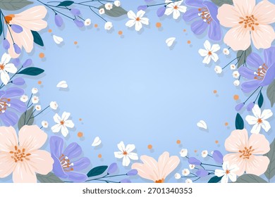 Elegant horizontal vector frame with blooming blue, lavender and pink spring flowers and leaves on a pastel background. For wedding invitations, greeting cards, social media, posters, packaging