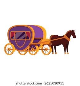 Elegant horse drawn carriage with purple and gold details is waiting
