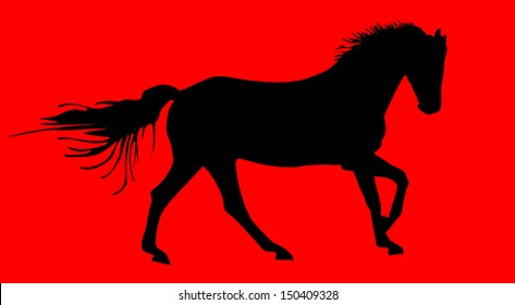 Elegant horse in gallop, vector silhouette illustration. Horse race, isolated on red background. Black horse silhouette. Farm animal.