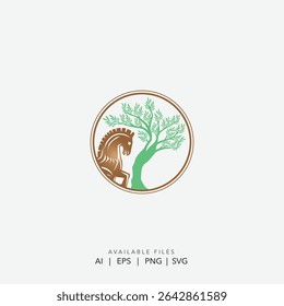 Elegant Horse and Green Tree Logo in a Circle, Modern Animal and Nature Icon, Circular Logo Design with a Stylized Horse and Tree
