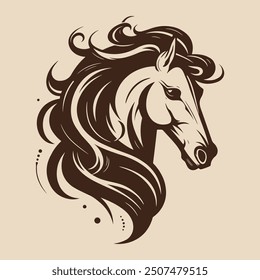 Elegant horse head logo isolated on beige background. Horse mane. Wild animal. Easy editable vector illustration.