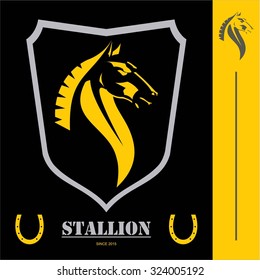 elegant horse head.combine with shield icon and horseshoe. Symbolizing power, strength, dignity, etc. Suitable for team Mascot ,community identity, product identity, corporate identity, etc 