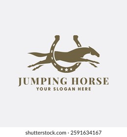 Elegant Horse Jumping Over Horseshoe Shaped Obstacles Logo, Horse Jumping Logo, Horse shoe Logo.