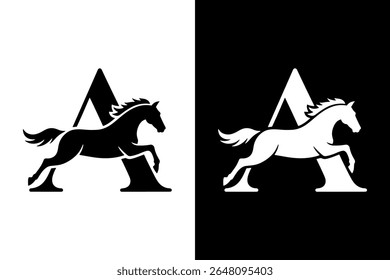Silhueta de cavalo elegante dentro da letra A Logo com fundo branco.