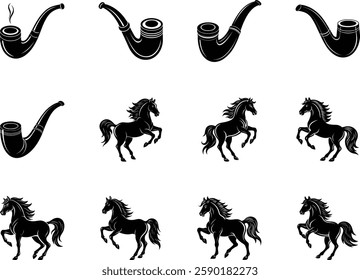 Elegant Horse and Smoking Pipe Silhouette Designs Vector Graphics