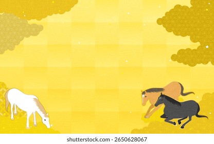 Cavalos elegantes descansando juntos e pastoreando em fundo de padrão de nuvem dourada japonesa, ilustração tradicional e luxuosa estilo de Ano Novo, Ilustração Vetor