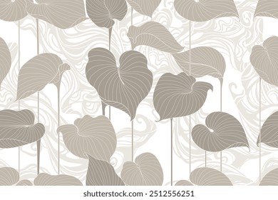 Elegant Hosta Leaf Seamless Pattern performed Delicate Thin Lines. Graceful Hosta Leaves, intended for wallpaper, packaging, printing on fabric, textiles, interior. A Vector Luxurious Seamless Pattern