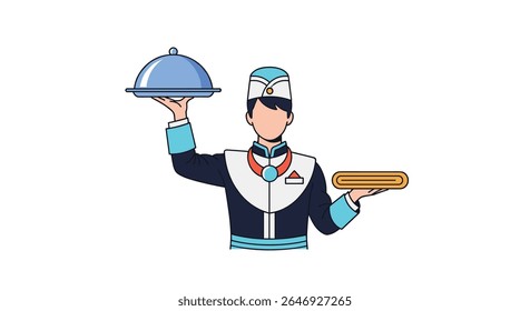 Elegant Hotel Bellhop Offering Delicious Food Service with a Blue Serving Tray and a Golden Tray Accompaniment
