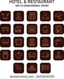 Elegant hotel and restaurant icon collection showcasing amenities and services with a warm brown color palette design
