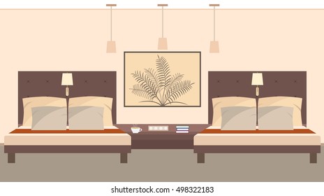 Elegant hotel room interior for two persons including beds, lamps, bedside table. Vector illustration in flat style