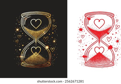 Elegant hourglass illustration split into two designs - one golden and sparkling, the other red with ink splatters. Romantic and artistic representation of time and love