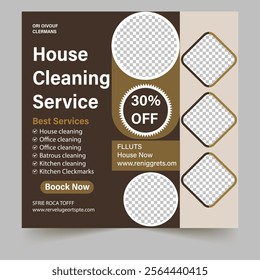 Elegant house cleaning service promotional banner offering a 30% discount, featuring service highlights and a professional layout