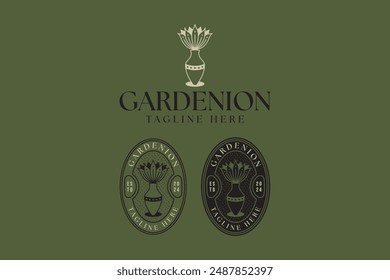 elegant houseplant line art badge vintage logo design. botanical, floral and foliage logo concept. set of foliage in a classic vase line art vintage logo for boutique, garden, ecology business