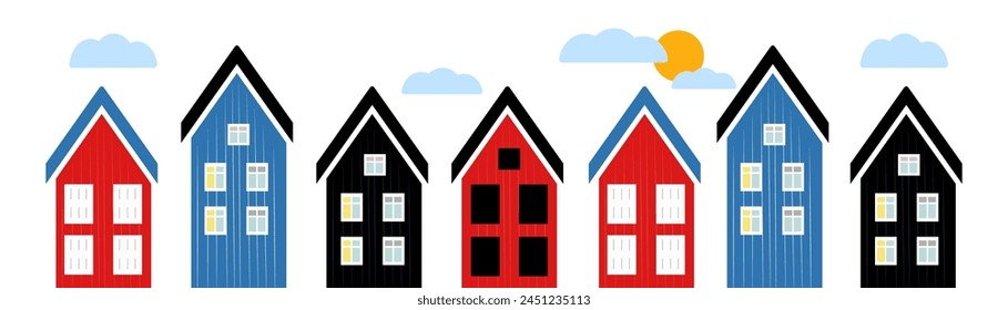 elegant houses, city buildings in Scandinavian style. Cosy town panorama with home exteriors. Flat vector illustration isolated on white background