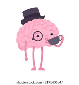 Elegant human brain cute character with hat, coffee. Getting strength, vitality, power, ability to be physically and mentally active, encourage to increase or improve. Vector flat style illustration