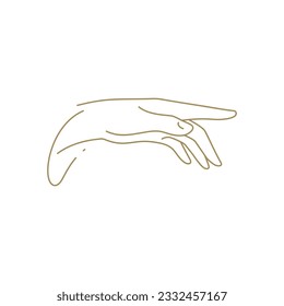 Elegant human hand with palm down and pointing forefinger gesture minimalist golden line art icon vector illustration. Romantic meditative person arm index finger concentration spiritual design