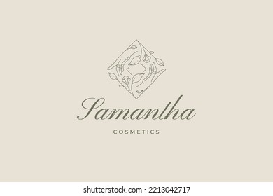 Elegant human hands rhombus botanical branches decorative frame line art logo vector illustration. Romantic arms surrounded by squared spring bloom organic plant business emblem with place for text