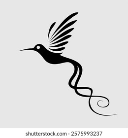 Elegant hummingbird silhouette with artistic wings and flowing tail in a black-and-white vector style. A stunning minimalist illustration perfect for logos, branding, and tattoos