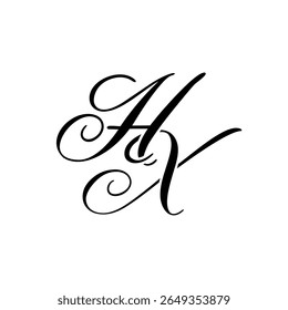 Elegante logotipo de monografia HX em preto script - Caligrafia de luxo Design inicial em fundo branco