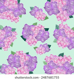 Elegant hydrangea pattern featuring clusters of pink and purple flowers on a soft mint green background. Perfect for textiles, wallpapers, and digital art. 