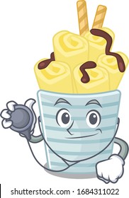 An elegant ice cream banana rollsin a Doctor Cartoon character with tools