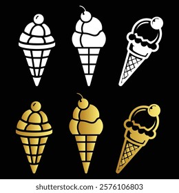 Elegant ice cream cone icons white and gold design on black background