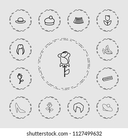 Elegant icon. collection of 13 elegant outline icons such as woman hairstyle, skirt, woman hat, tulip, rose, reserved, woman shoe. editable elegant icons for web and mobile.