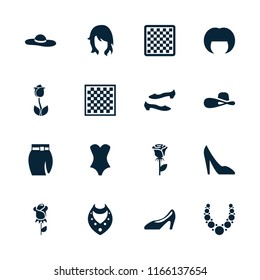 Elegant icon. collection of 16 elegant filled icons such as woman hairstyle, necklace, shoe, woman hat, rose, chess board. editable elegant icons for web and mobile.