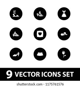 Elegant icon. collection of 9 elegant filled icons such as skirt, woman hat, rose, woman shoe, pillow with heart on it, dress. editable elegant icons for web and mobile.