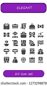  elegant icon set. 25 filled elegant icons. Simple modern icons about  - Bow tie, Train, Certificate, Purse, Mentalist, Rose, Business card, Rainbow, Collar, Skirt, Leggings, Dress
