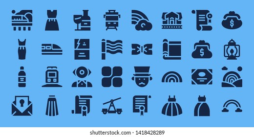 elegant icon set. 32 filled elegant icons. on blue background style Collection Of - Train, Dress, Wine bottle, Certificate, Skirt, Business card, Mentalist, Rainbow, Mozy, Bow tie