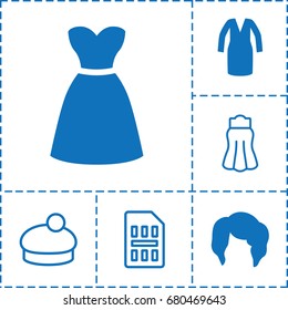Elegant icon. set of 6 elegant filled and outline icons such as woman hairstyle, dress, skirt, woman hat