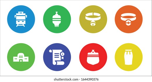 elegant icon set. 8 filled elegant icons.  Simple modern icons such as: Train, Train station, Lantern, Certificate, Collar, Purse, Skirt
