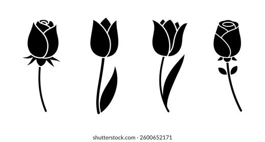 Elegant Icon Set of Black Roses and Tulips for Floral Design and Decoration Purposes