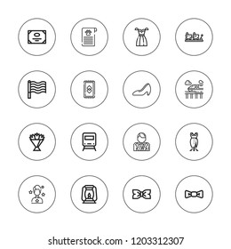 Elegant icon set. collection of 16 outline elegant icons with bow tie, carpet, celebrity, certificate, dress, flower bouquet, heel, groom, lantern, rainbow icons.