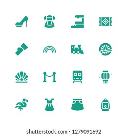 elegant icon set. Collection of 16 filled elegant icons included Lantern, Skirt, Dress, Flamingo, Train, Red carpet, Pearl, Rainbow, Carpet, Train station, Heels
