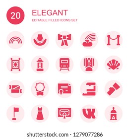 elegant icon set. Collection of 20 filled elegant icons included Rainbow, Pearl necklace, Bow tie, Red carpet, Carpet, Lantern, Train, Tuxedo, Scallop, Scarf, Collar, Certificate
