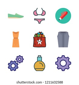 elegant icon set. vector set about dress, pen, shopping bag and blouse icons set.