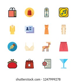 elegant icon set. vector set about business card, clock, dress and skirt icons set.
